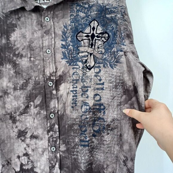 Helix Brown Tie Dye Velvet Crosses Graphic Button Down Shirt Men's L Long Sleeve - Picture 3 of 6